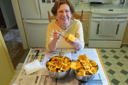 Michele Victor cleaning chanterelles with a pastry brush