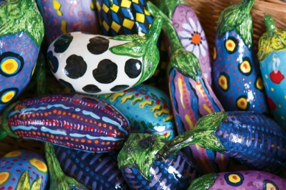 Ceramic eggplants by artist Katherine Gullo